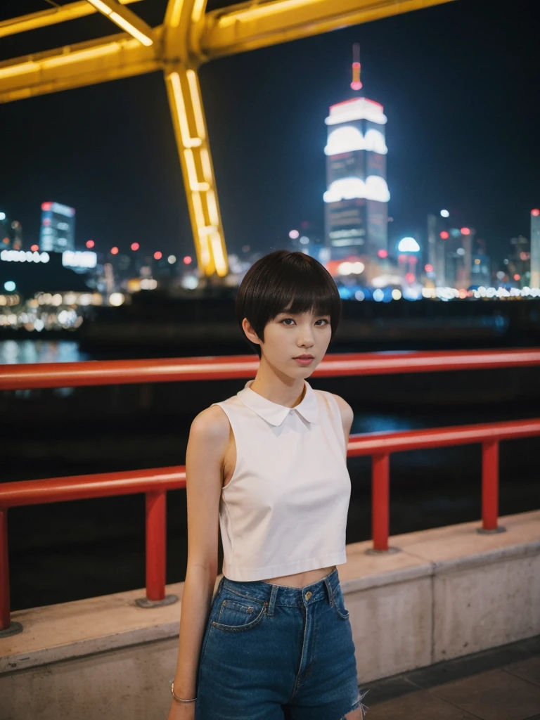 her name is Asako, high quality, 1girl, ((20-year-old fit Caucasian woman)), ((20 years old)), ((slim)), ((Edgy Bowl Cut hair)), pose: standing, wearing edgy Generation-Z modern wear bright colored, BACKGROUND:At the Tsim Sha Tsui Promenade, with stunning views of the Victoria Harbor and the Symphony of Lights show