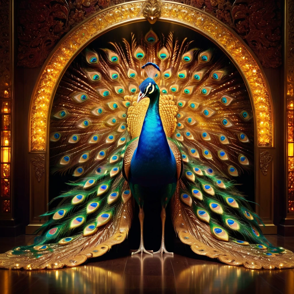 Golden Peacock,Front upright,Peacock opens the screen,Looking at the audience,fantasy,Colorful tones,masterpiece,Dramatic ethereal beauty,Panoramic view:1.2,Three light sources,reflected light