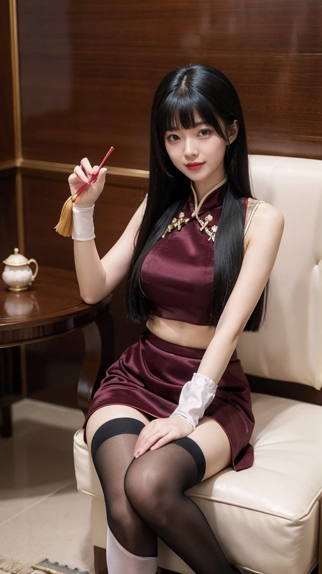 (masterpiece), best quality, HD, 4K, expressive eyes, perfect face, wristband, brown eyes, thighhighs, mature, changsan, smile warm, ahoge, black skirt, kanton velvet chinese clothes, Shanghai's interiors, tassel, long hair, full body, slim body, luxury estate hotel background, wang liu mei, lipstick, black hair, elbow gloves, china dress, studio lighting, pony, love hot mommy, furniture, estate owner, full pantyhose, heels, WLMOutfit, G00WangLiuMei, sitting, teacups, holding fan, legs, kindness, cleft, visible vulva vaginal, gundam, skimpy clothes, blushing love expression, fisting, holster, mahjong