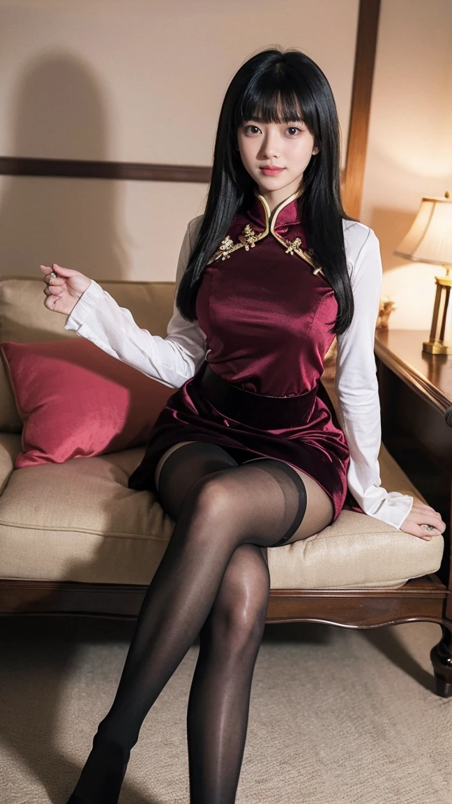 (masterpiece), best quality, HD, 4K, expressive eyes, perfect face, wristband, brown eyes, thighhighs, mature, changsan, smile warm, ahoge, black skirt, kanton velvet chinese clothes, Shanghai's interiors, tassel, long hair, full body, slim body, luxury estate hotel background, wang liu mei, lipstick, black hair, elbow gloves, china dress, studio lighting, pony, love hot mommy, furniture, estate owner, full pantyhose, heels, WLMOutfit, G00WangLiuMei, sitting, teacups, holding fan, legs, kindness, cleft, visible vulva vaginal, gundam, skimpy clothes, blushing love expression, fisting, holster, mahjong