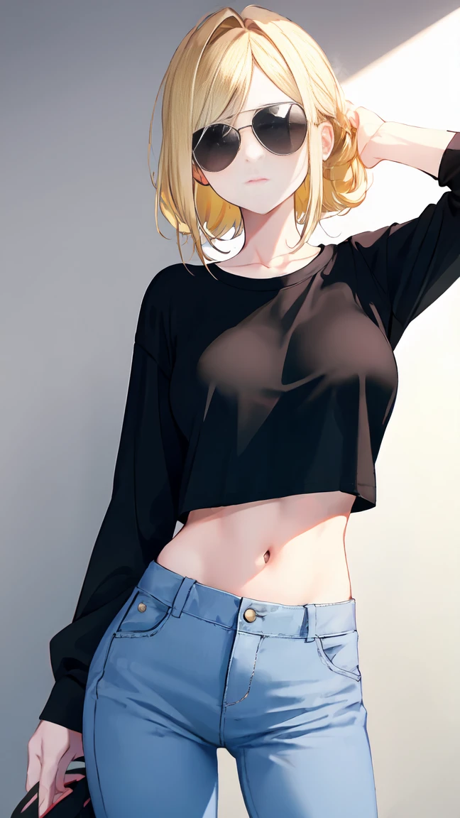 blonde woman, with fashionable black sunglasses, with a long-sleeved shirt, with her navel visible, with gray pants