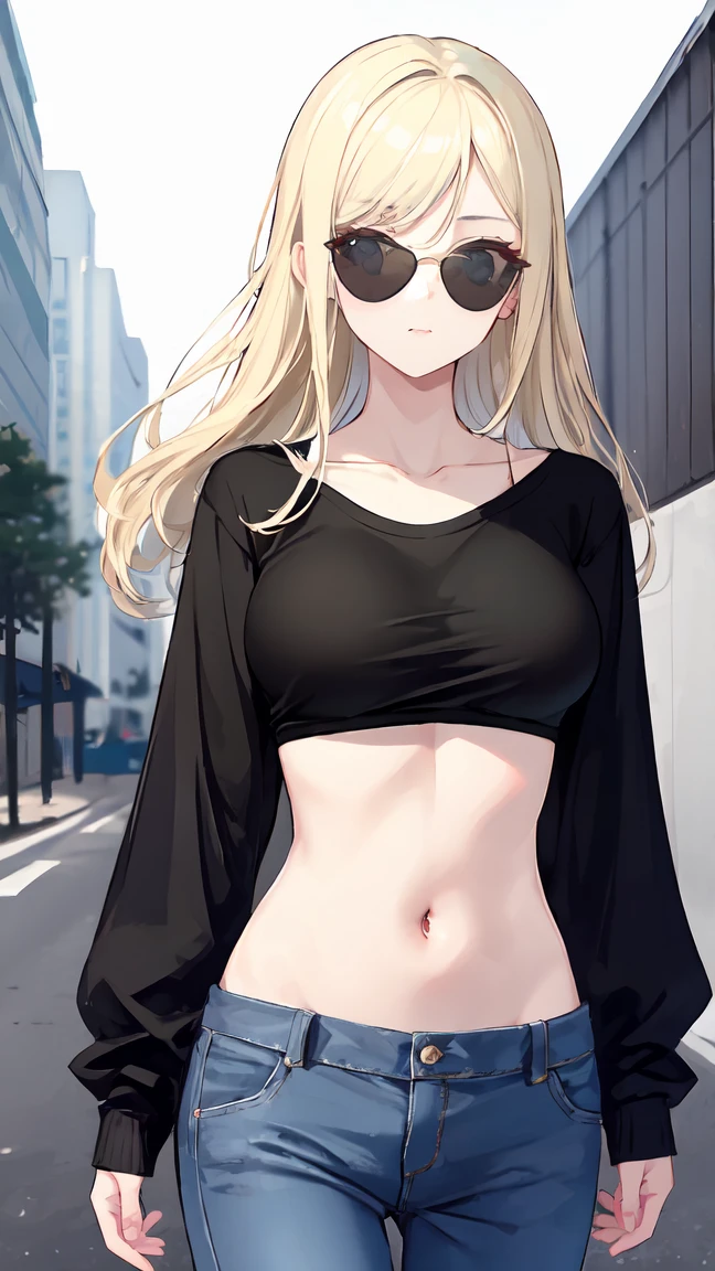 blonde woman, with fashionable black sunglasses, with a long-sleeved shirt, with her navel visible, with gray pants