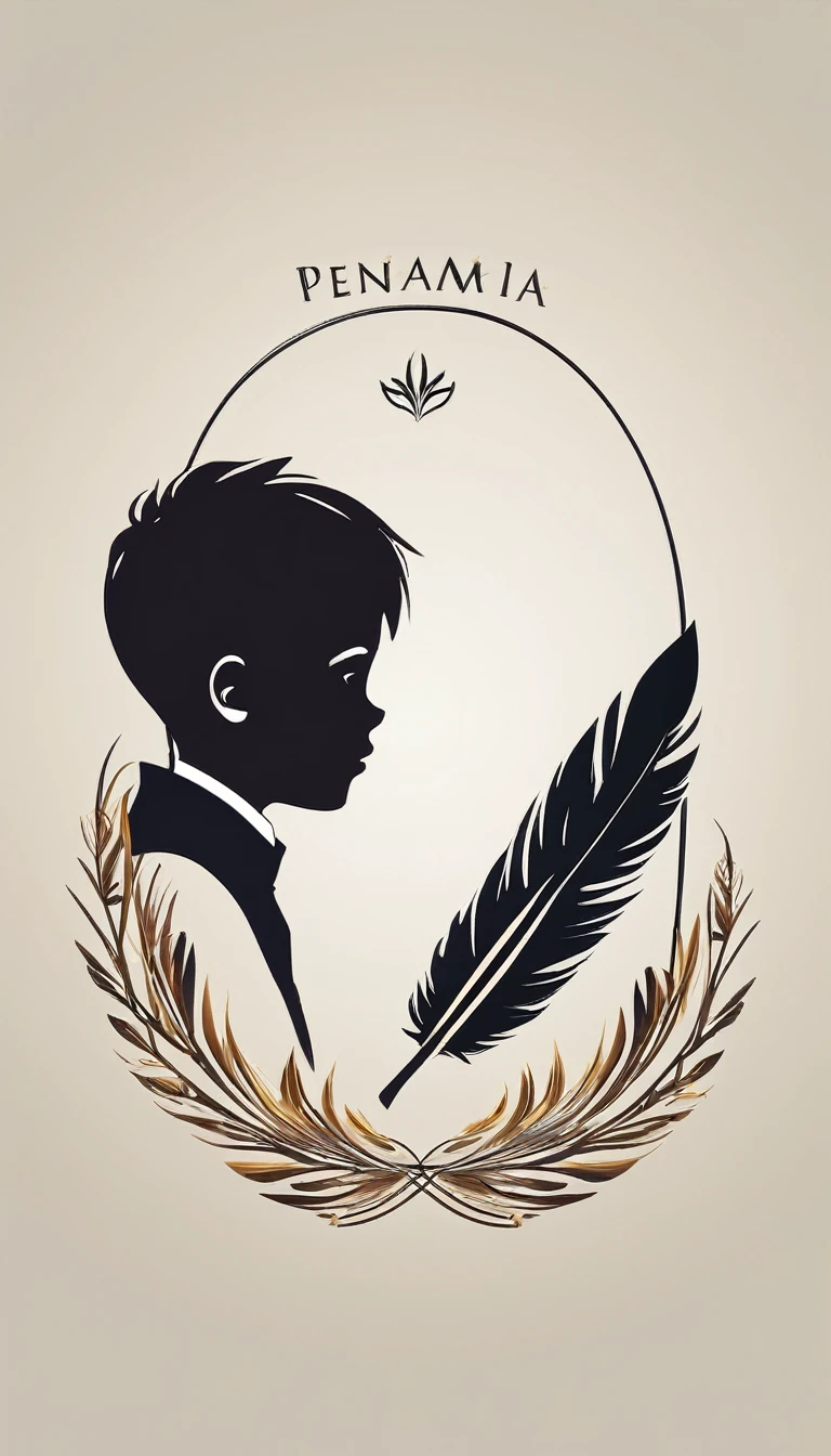 Create a minimal, modern, simple, inspirational, memorable, dream like logo design of a boy and a feather for the brand “Penamemoria".