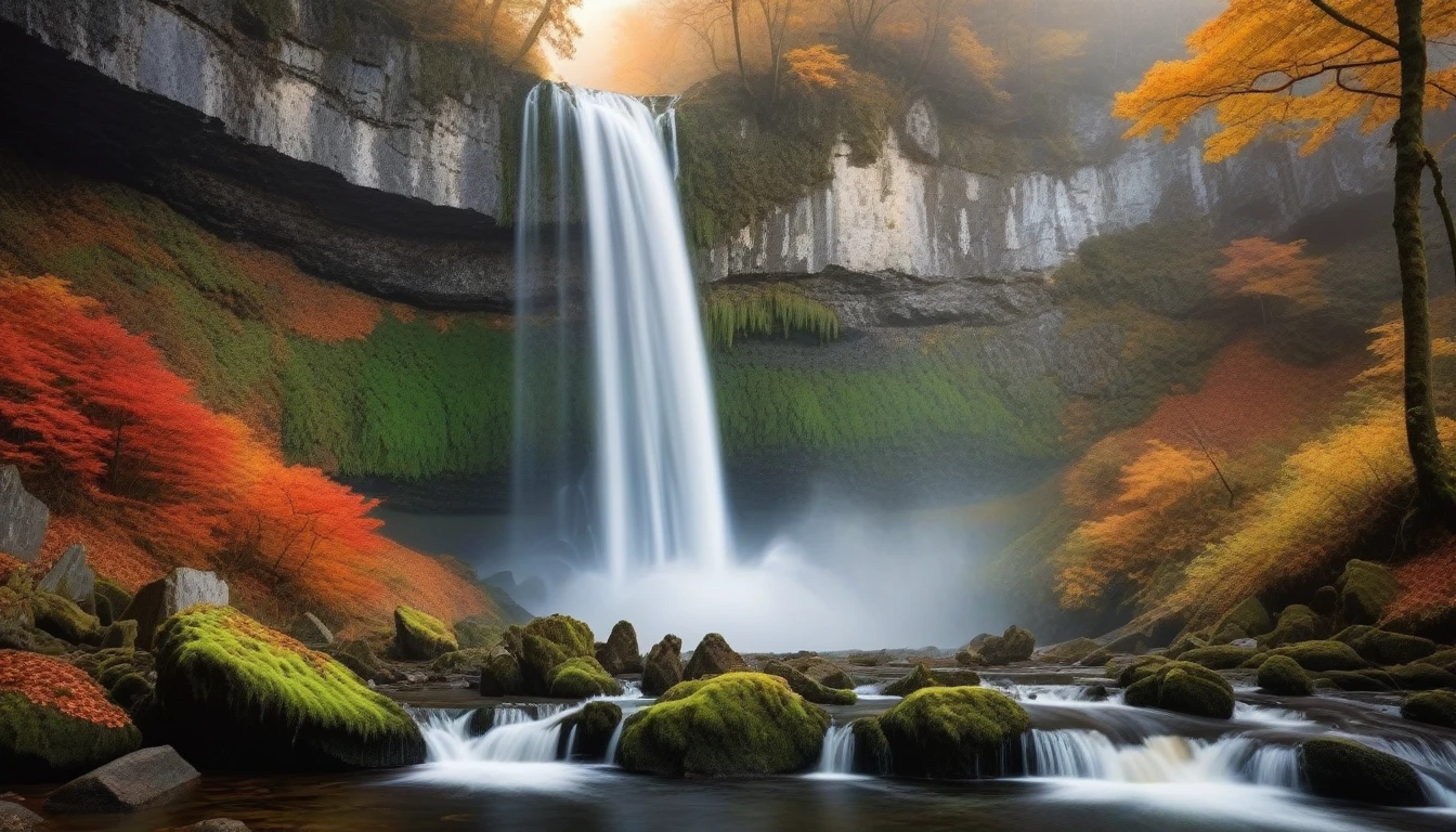  ((Masterpiece)), ((Best Quality)), (Very Detailed), ((Very Detailed)), 4K, (8K), very aesthetic, absurdres highres, A scene in which a waterfall with multiple stages falls, raising mist-like spray against the backdrop of a forest of autumn leaves. Rugged rock faces spread out around the waterfall, and the light of the sunset illuminates the spray of water. The texture of the waterfall's flow, the particles of water spray, the details of animal fur and feathers, and the moss-covered stones are all depicted in detail.