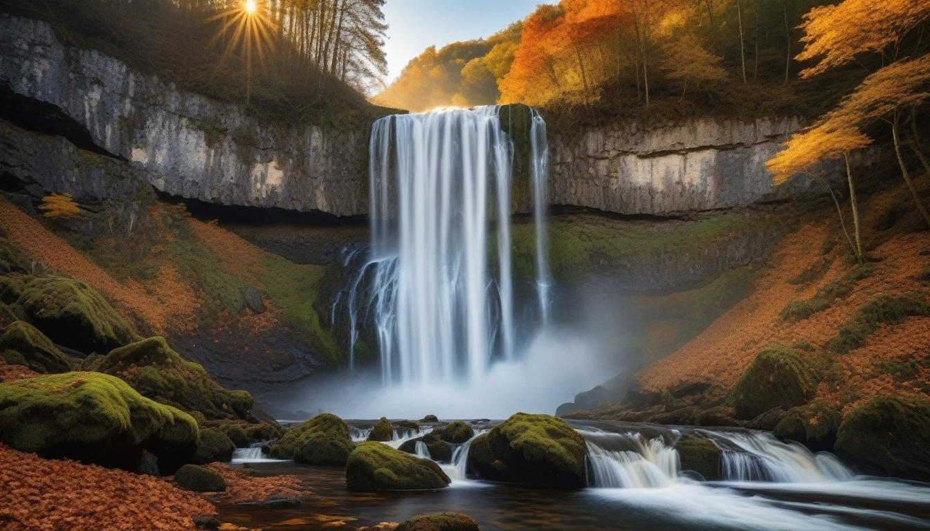  ((Masterpiece)), ((Best Quality)), (Very Detailed), ((Very Detailed)), 4K, (8K), very aesthetic, absurdres highres, A scene in which a waterfall with multiple stages falls, raising mist-like spray against the backdrop of a forest of autumn leaves. Rugged rock faces spread out around the waterfall, and the light of the sunset illuminates the spray of water. The texture of the waterfall's flow, the particles of water spray, the details of animal fur and feathers, and the moss-covered stones are all depicted in detail.