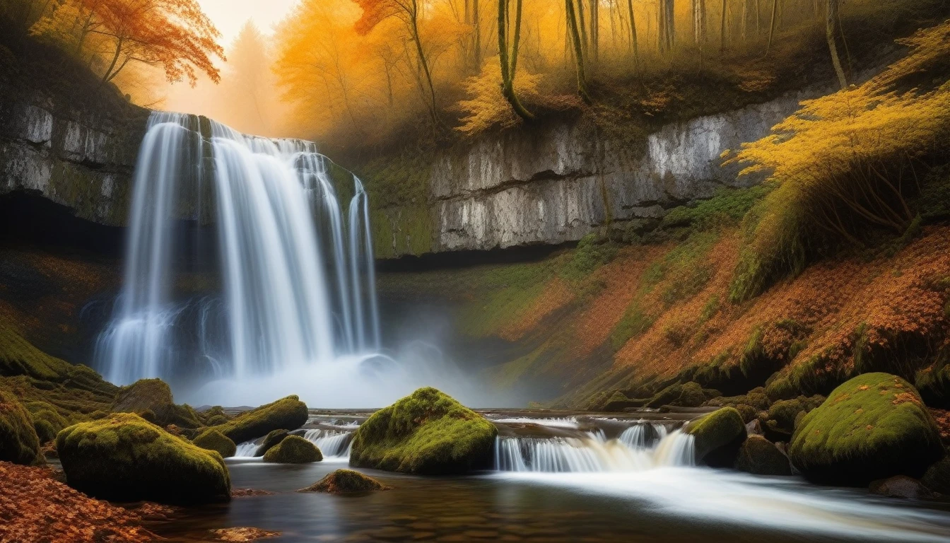 ((Masterpiece)), ((Best Quality)), (Very Detailed), ((Very Detailed)), 4K, (8K), very aesthetic, absurdres highres, A scene in which a waterfall with multiple stages falls, raising mist-like spray against the backdrop of a forest of autumn leaves. Rugged rock faces spread out around the waterfall, and the light of the sunset illuminates the spray of water. The texture of the waterfall's flow, the particles of water spray, the details of animal fur and feathers, and the moss-covered stones are all depicted in detail.