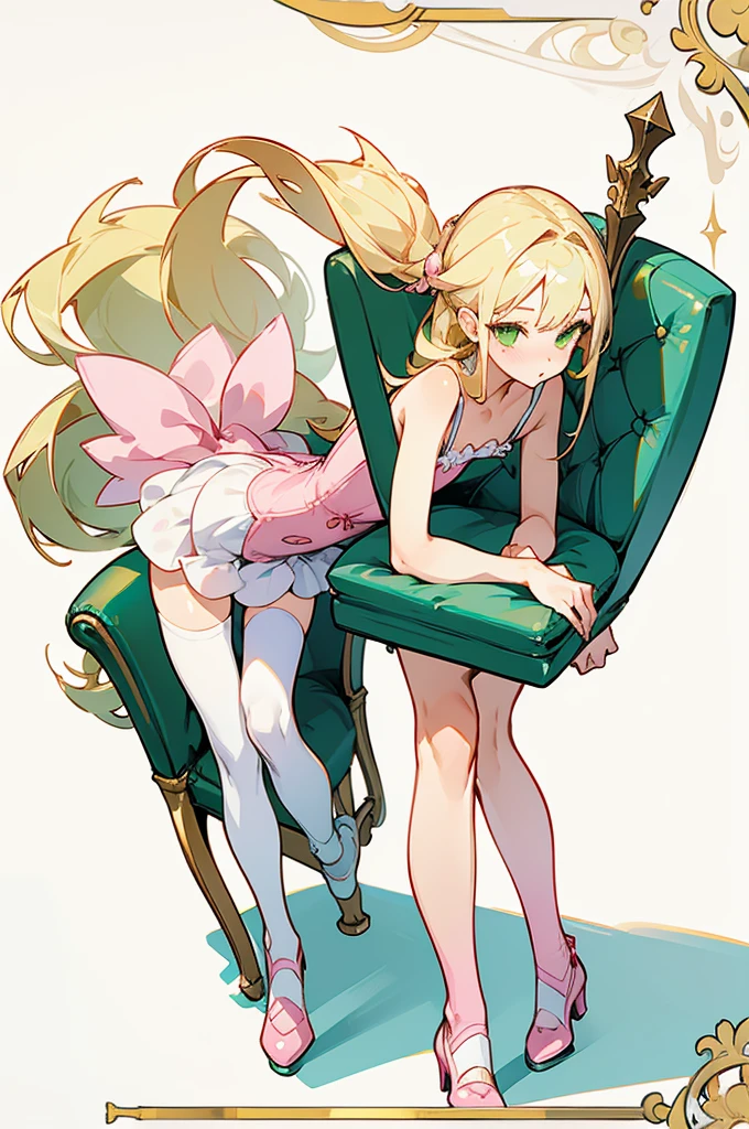 1girl, white lingerie, green eyes, long blonde hair, short and thin body type, pin-up pose, chair, bending over, slutty,  character design, white background, fullbody, tease, cute girl, white and pink color scheme, children's bedroom