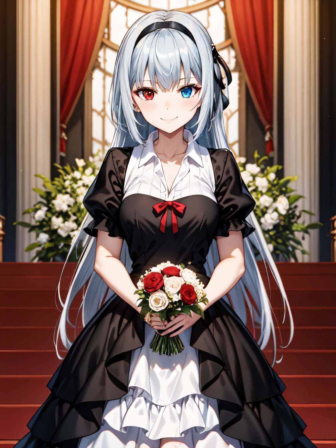 super high quality、Standing on the grasasterpiece)、Valentine、Closed Mouth、smile、Luminous Valentine、Silver Hair、Waist-length hair, (blue eyes:1.2), Heterochromia iridis, (Red eyes:1.3),Black Wedding Dress、Black ribbon、bouquet、Ring on the ring finger of the left hand、両手でbouquetを持つ、grassland、Black Dress