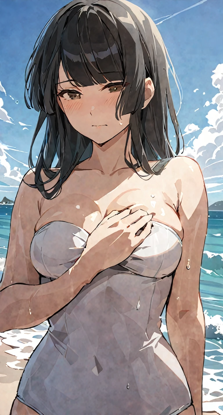 masterpiece,best quality, solo, eda, bangs, black hair, upper body,blue sky,cloud, shy expression, medium breast, hot, thicc, swimsuit , ocean, water, she is grabing her chest
