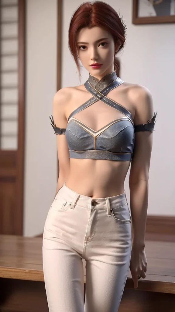 Girl posing for photo in white bra and tight denim, arms behind back, full body, with cropped t-shirt, bra, slim figure, smaller bust, slim girl model, 24 year old female model,