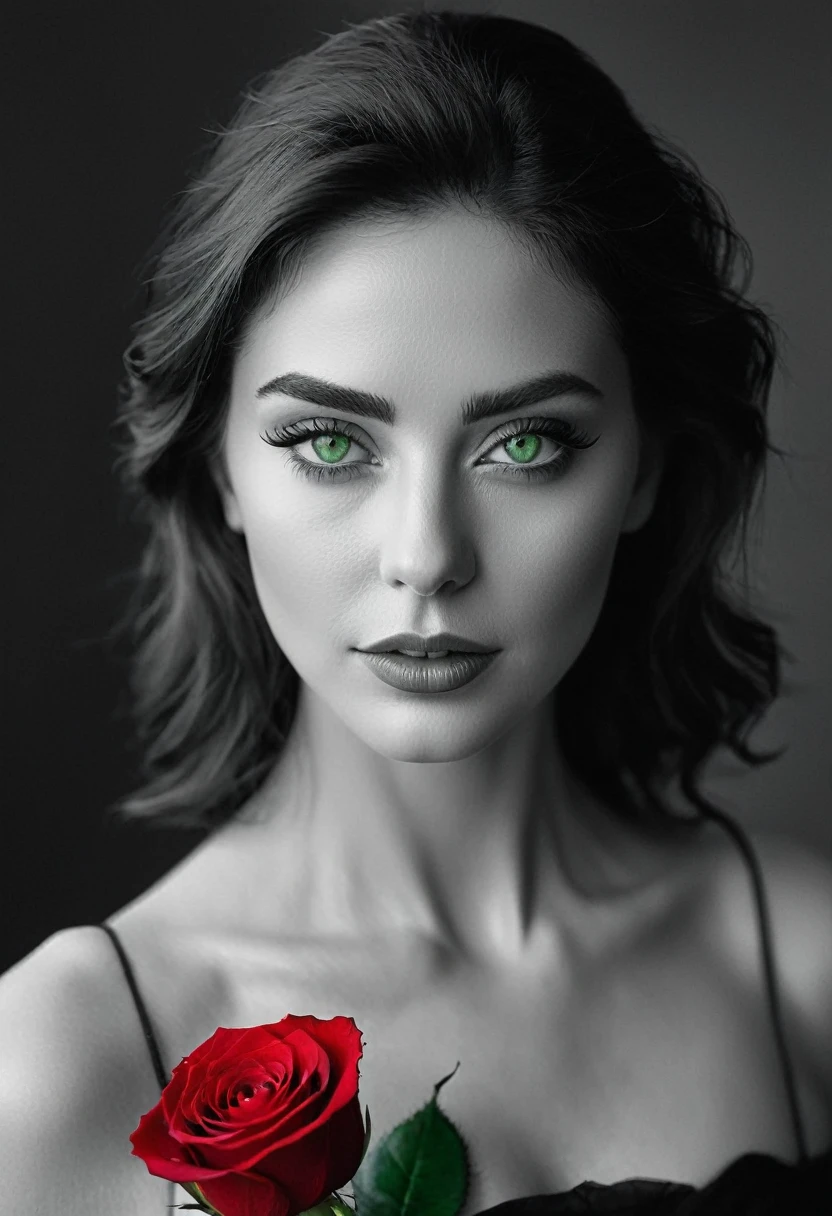 black and white, a woman with  green eyes, flawless skin, half body shot, holding a red rose, whimsical photography style, captured with an Arriflex 35BL camera using Canon K25 prime lenses, cinematic, dramatic lighting, ultra clear, breathtaking surreal masterpiece.