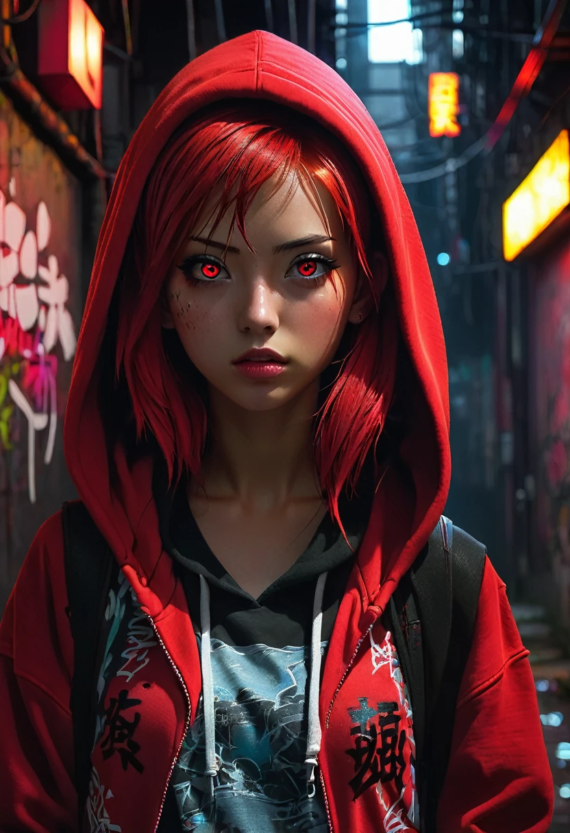 1girl, red hair, red pupils, red hoodie, dark background, decay, wearing the hood, jean shorts, dark alley background, japanese graffiti background, red led background, detailed face, high quality, 8k, photorealistic, dramatic lighting, cinematic, neon lights, moody atmosphere, cyberpunk aesthetic, hyper-detailed, fog, ambient occlusion