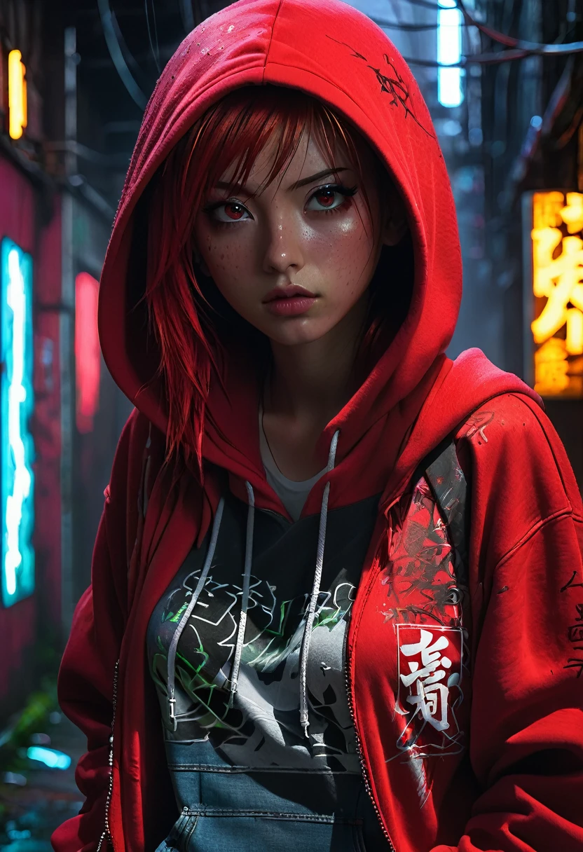 1girl, red hair, red pupils, red hoodie, dark background, decay, wearing the hood, jean shorts, dark alley background, japanese graffiti background, red led background, detailed face, high quality, 8k, photorealistic, dramatic lighting, cinematic, neon lights, moody atmosphere, cyberpunk aesthetic, hyper-detailed, fog, ambient occlusion