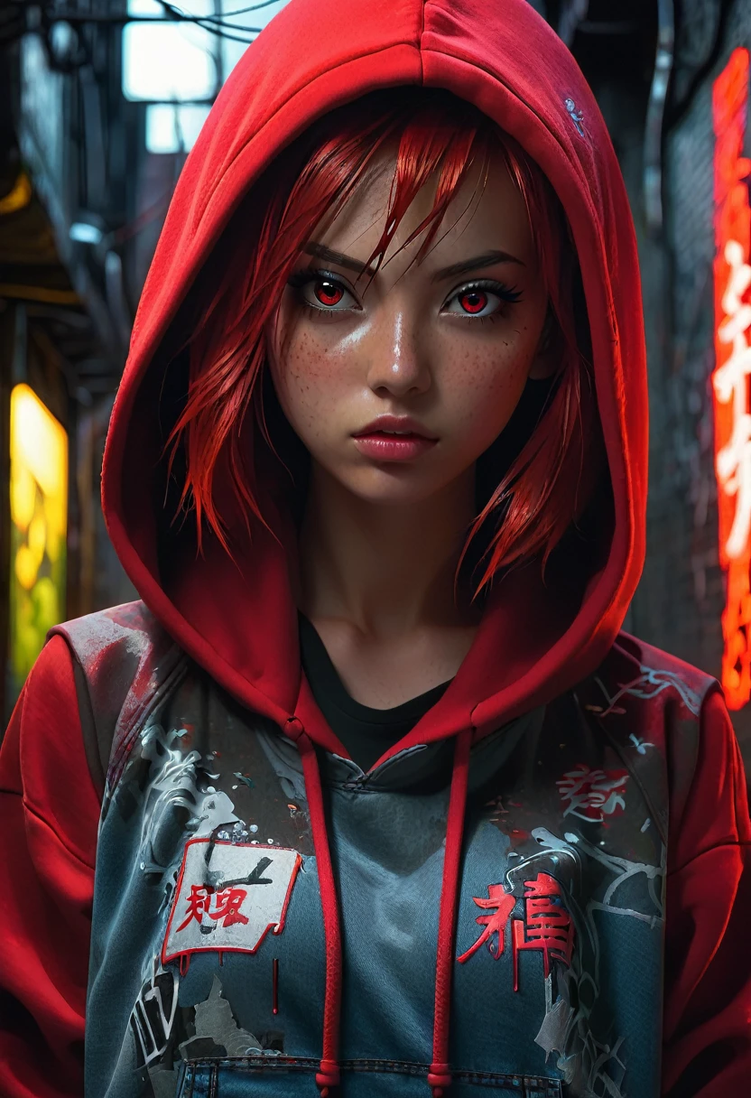 1girl, red hair, red pupils, red hoodie, dark background, decay, wearing the hood, jean shorts, dark alley background, japanese graffiti background, red led background, detailed face, high quality, 8k, photorealistic, dramatic lighting, cinematic, neon lights, moody atmosphere, cyberpunk aesthetic, hyper-detailed, fog, ambient occlusion