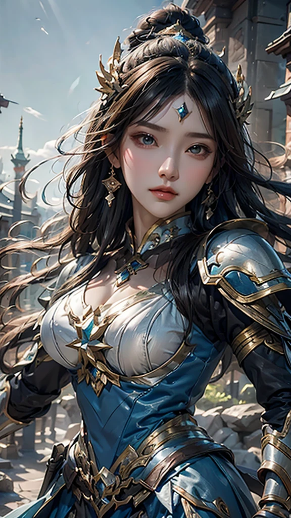 a close up of a woman in a silver and blue dress, chengwei pan on artstation, by Yang J, detailed fantasy art, stunning character art, fanart best artstation, epic exquisite character art, beautiful armor, extremely detailed artgerm, detailed digital anime art, artgerm on artstation pixiv, armor girl