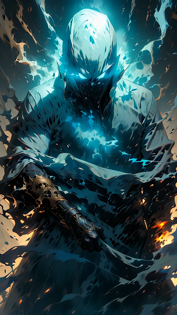 (best quality, highres, ultra-detailed, realistic:1.37), close-up portrait of a handsome man, with bright, shining blue eyes emitting a blue smoke-like aura, cat-like black pupils, spiky snow-white hair that is highly defined and super detailed