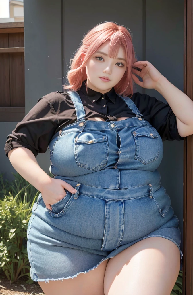 Makima de l'anime "chainsaw man", bbwchan, corps entier, magnifique et ultra détaillée. Ssbbw, obésité morbide, Cheveux rouges, yeux jaunes, visage gras, visage ultra détaillé et doux. Chemise, jupe en jean, pose dynamique, soleil,