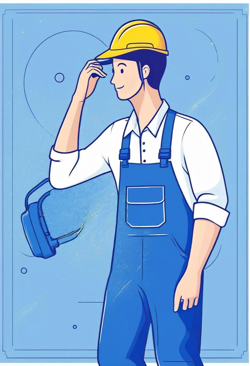 Maintenance personnel，A man wearing a blue hat，Wearing blue overalls，illustration，Stroke，formal，Icon logo，