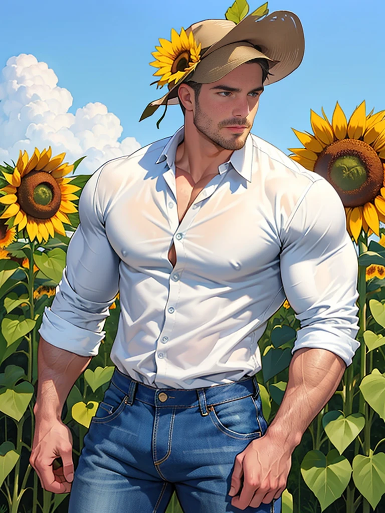 30 years old, big eyes, stephen amell, stubble, white skin, muscled hunk , handsome, mature man,groomed facial hair, bodybuilding, pectoral muscles, abs, in a field of sunflowers, plenty of sunflowers, wearing a white shirt, open shirt, jeans, sneakers, natural light, wheat-colored skin, 1man, standing,