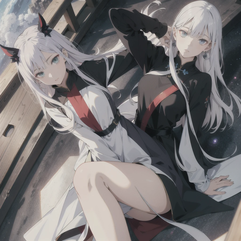 absurd res, high res, (masterpiece:1.4), ultra-detailed, 1.girl , from above, space, floating, Chinese dress, navy dress, black stockings, silver straight long hair, straight smooth bangs, straight cutted glossy smooth hair, red left and purple right eyes, heterochromia+ each eye different coloured from another, pantyhose, opposite clothes colour