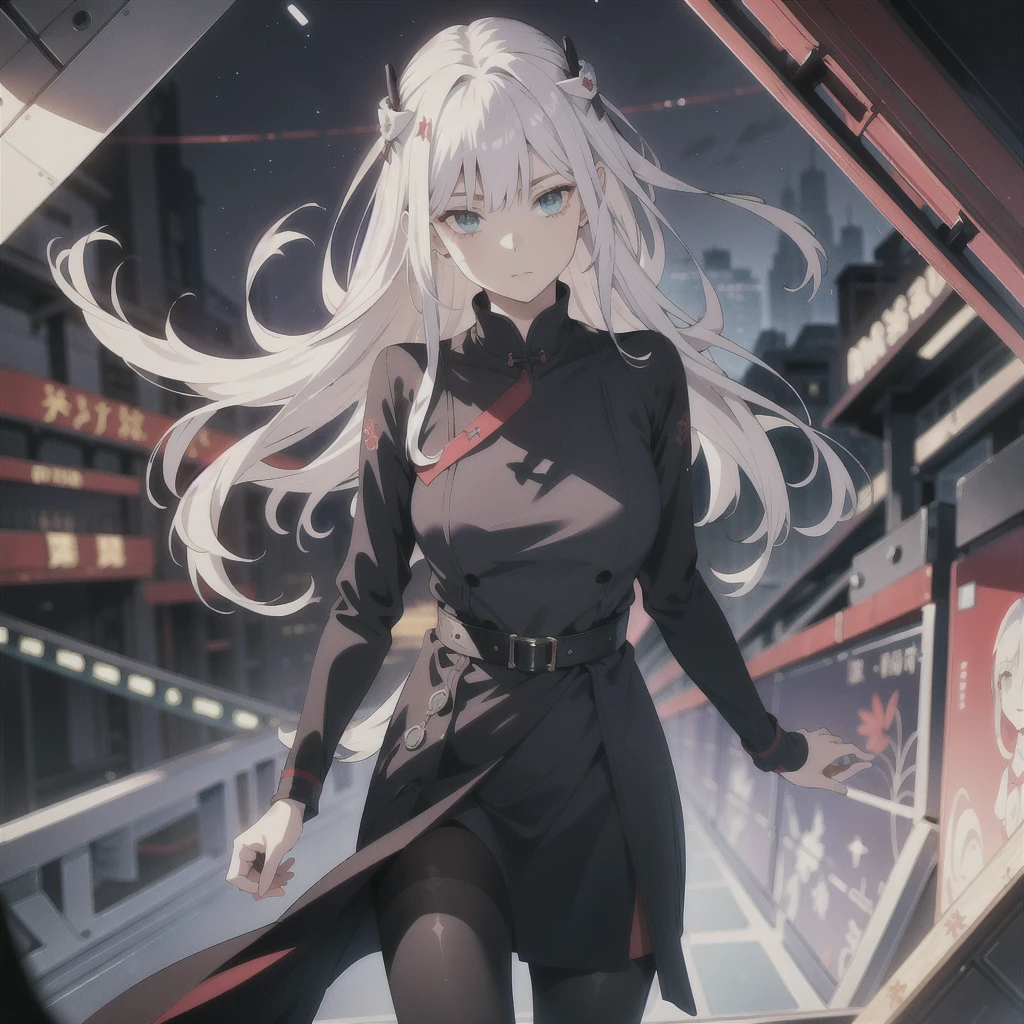 absurd res, high res, (masterpiece:1.4), ultra-detailed, 1.girl , from above, space, floating, Chinese dress, navy dress, black stockings, silver straight long hair, straight smooth bangs, straight cutted glossy smooth hair, red left and purple right eyes, heterochromia+ each eye different coloured from another, pantyhose, opposite clothes colour