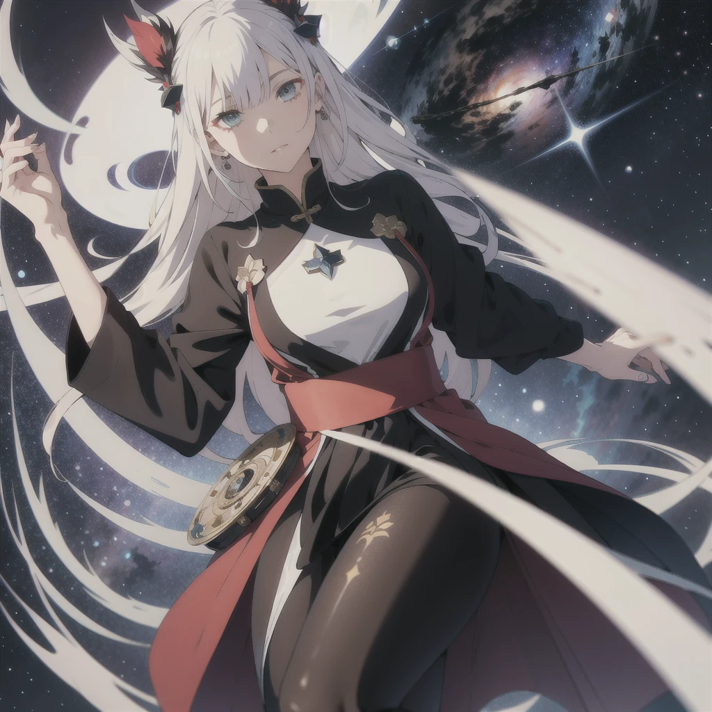 absurd res, high res, (masterpiece:1.4), ultra-detailed, 1.girl , from above, space, floating, Chinese dress, navy dress, black stockings, silver straight long hair, straight smooth bangs, straight cutted glossy smooth hair, red left and purple right eyes, heterochromia+ each eye different coloured from another, pantyhose, opposite clothes colour