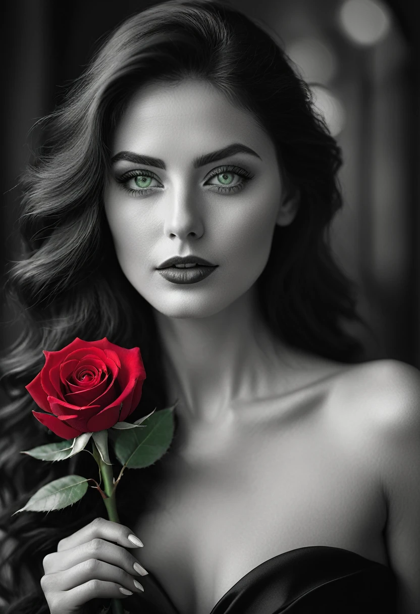 black and white, a woman with green eyes, flawless skin, half body shot, holding a red rose, whimsical photography style, captured with an Arriflex 35BL camera using Canon K25 prime lenses, cinematic, dramatic lighting, ultra clear, breathtaking surreal masterpiece.