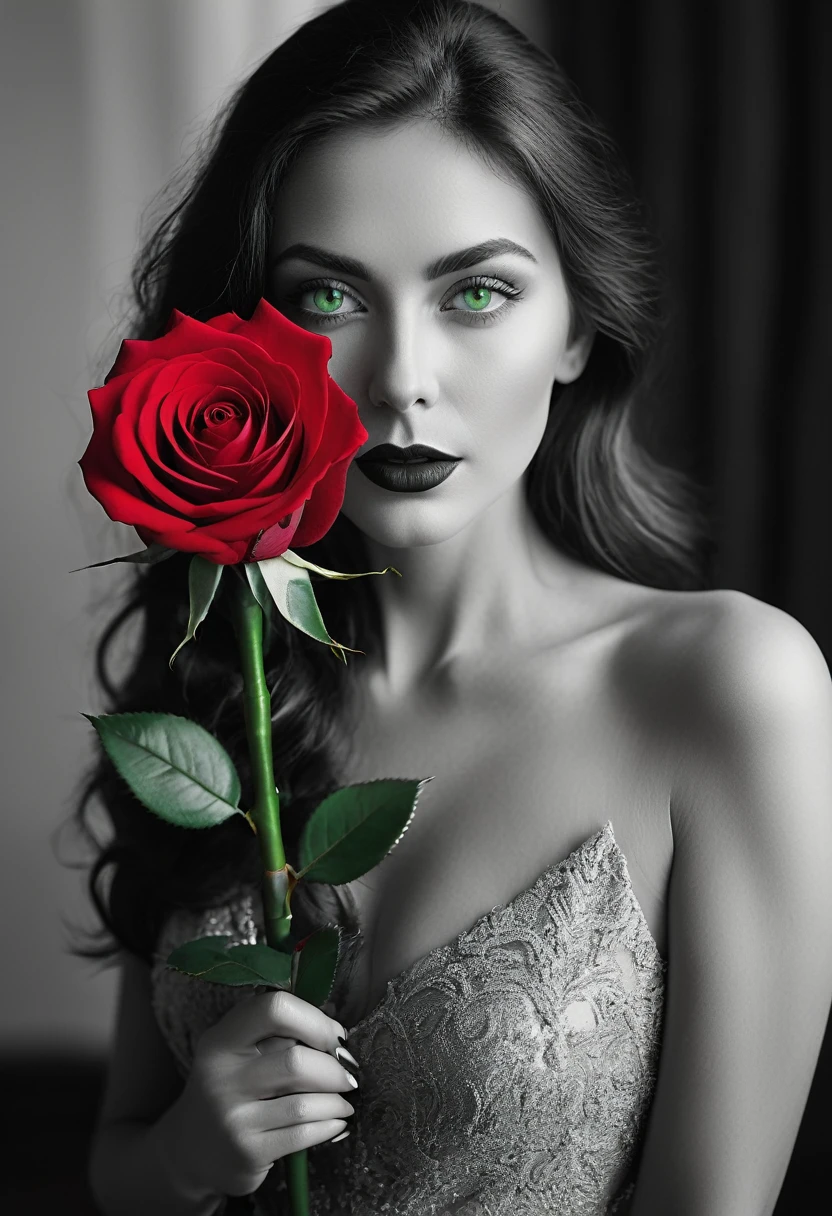 black and white, a woman with green eyes, flawless skin, half body shot, holding a red rose, whimsical photography style, captured with an Arriflex 35BL camera using Canon K25 prime lenses, cinematic, dramatic lighting, ultra clear, breathtaking surreal masterpiece.

