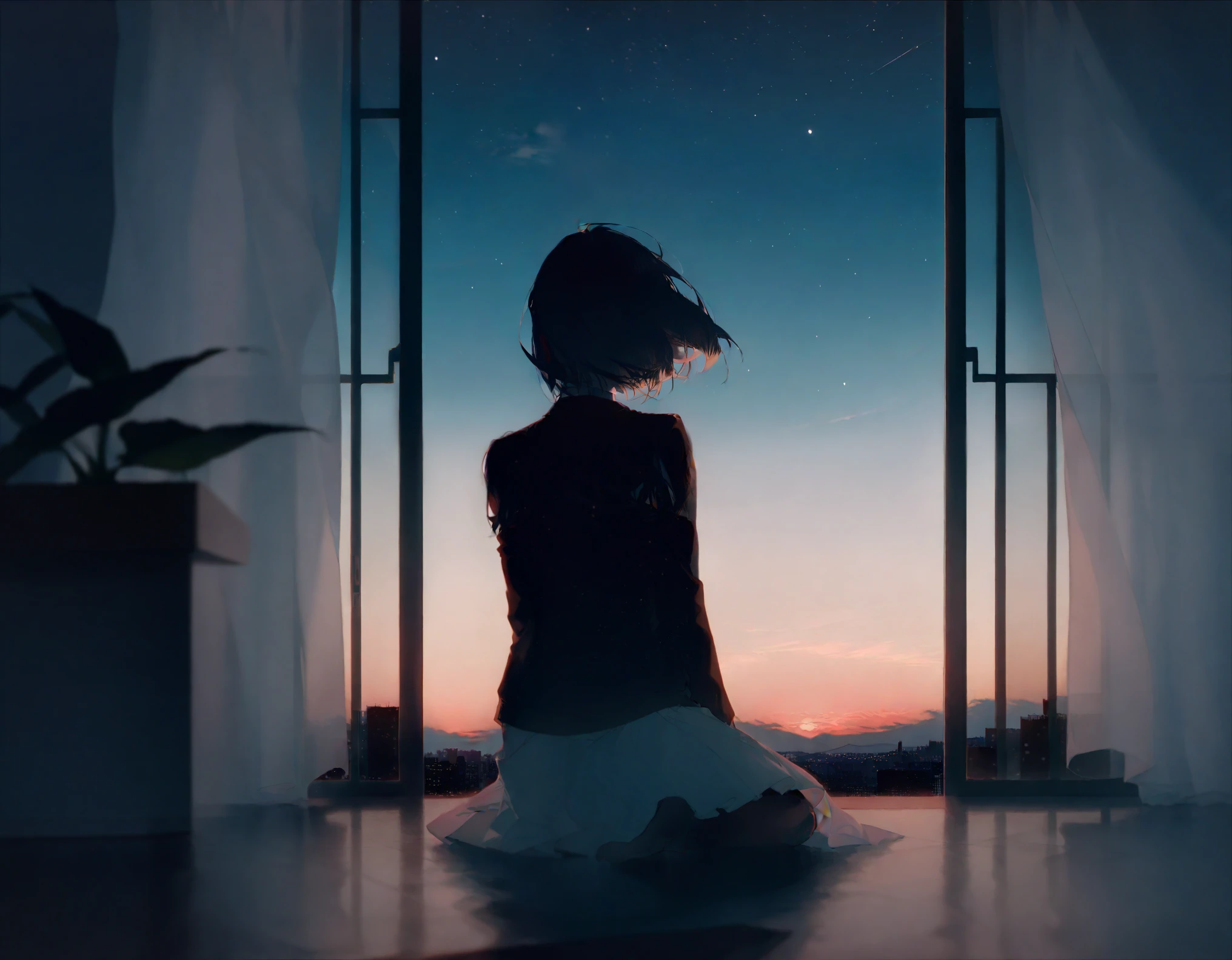 by rella, amazing quality, masterpiece, best quality, absurdres, beautiful, detailed shadow, aesthetic, 1girl, solo, curtains, sky, from behind, sitting, short hair, night, window, skirt, facing away, black hair, scenery, star (sky), indoors, night sky, dark, cityscape, jacket, wind, white skirt, long sleeves, starry sky, blurry, building,