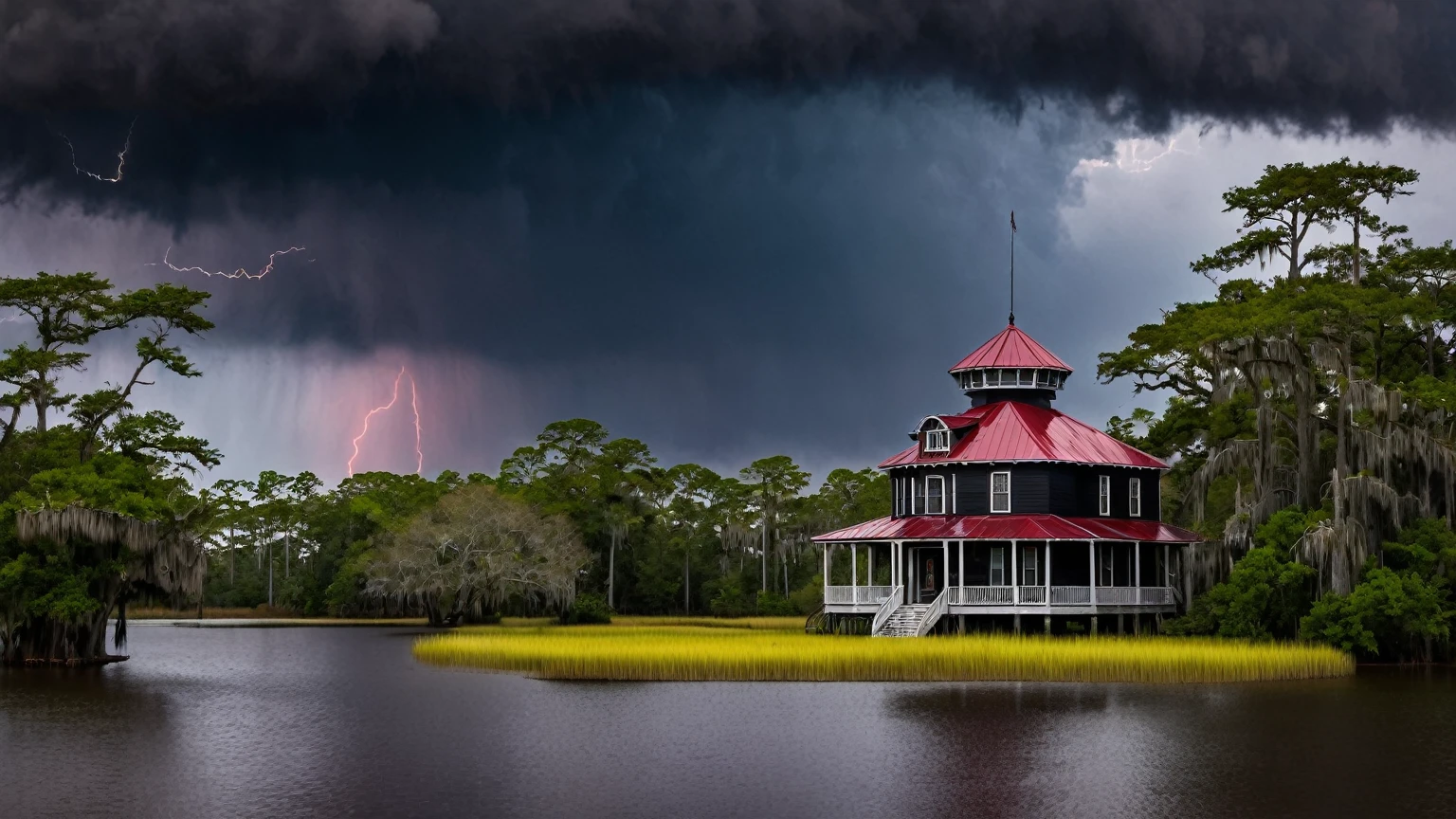 a traditional black beach house with octagonal turret & octagonal cupola on top of roof, near by a lake surrounded with bald cypress trees & marshes, hellish atmosphere, dark red storm clouds, scary clouds, darkness, horror, Louisiana swamp, background