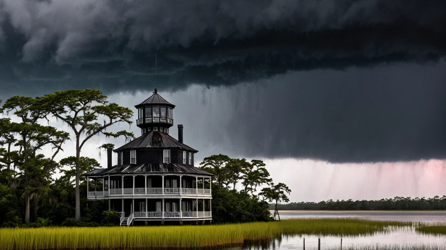 a traditional black beach house with octagonal turret & octagonal cupola on top of roof, near by a lake surrounded with bald cypress trees & marshes, hellish atmosphere, dark red storm clouds, scary clouds, darkness, horror, Louisiana swamp, background