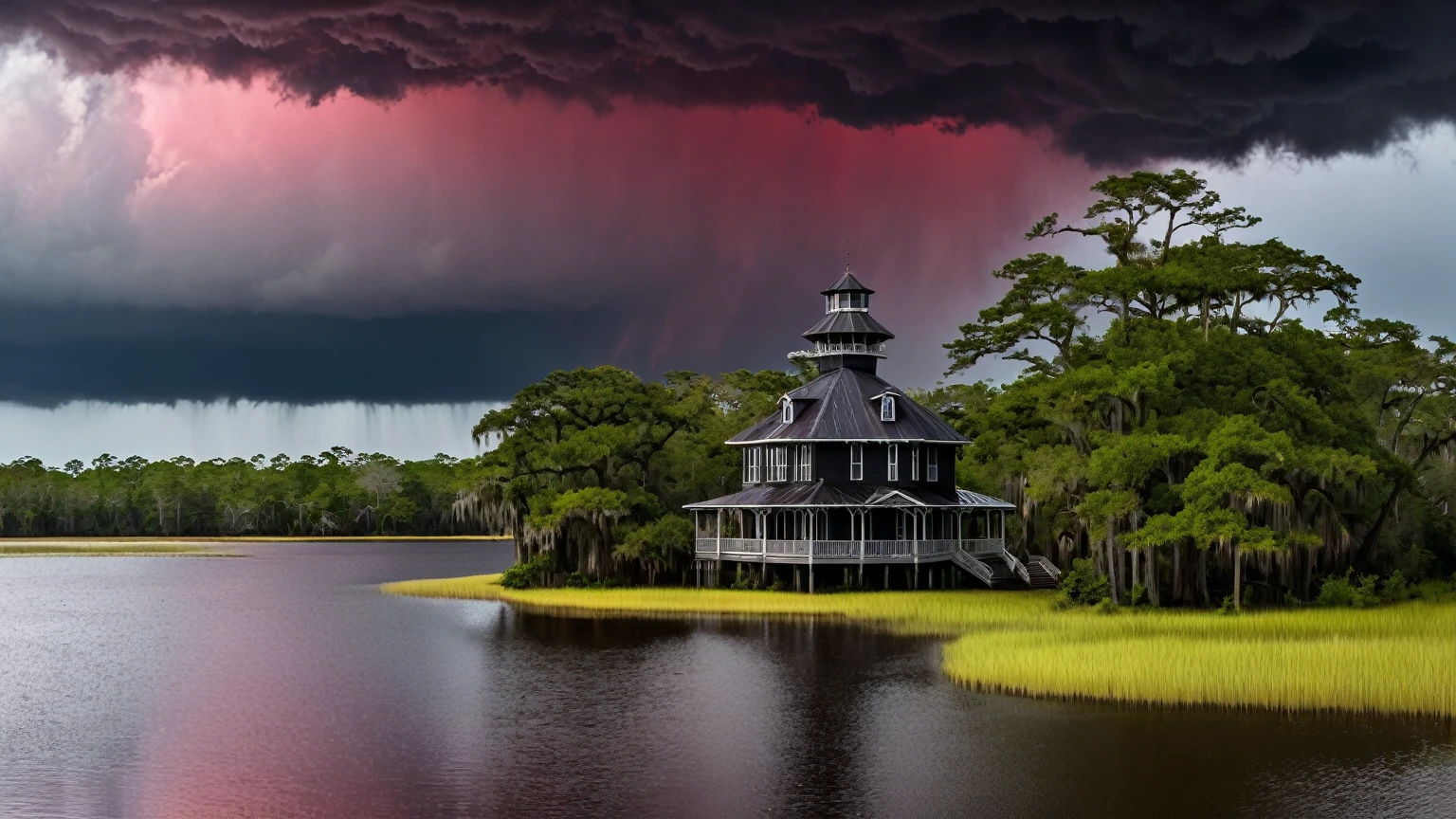 a traditional black beach house with octagonal turret & octagonal cupola on top of roof, near by a lake surrounded with bald cypress trees & marshes, hellish atmosphere, dark red storm clouds, scary clouds, darkness, horror, Louisiana swamp, background