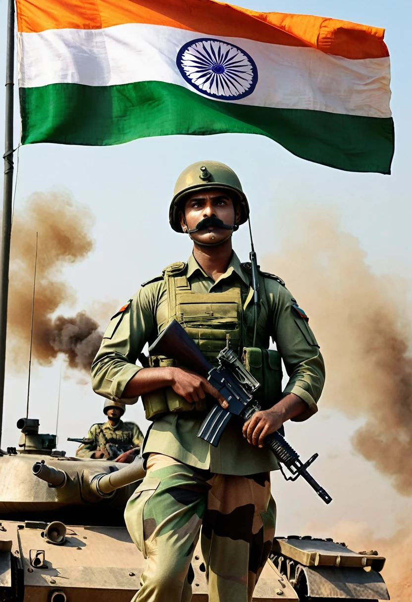 create a movie poster, a soldier's face, a soldier behind him and a fellow soldier in his arms, the flag of India waving in the distance, soldiers behind and tanks in the distance, smoke around,