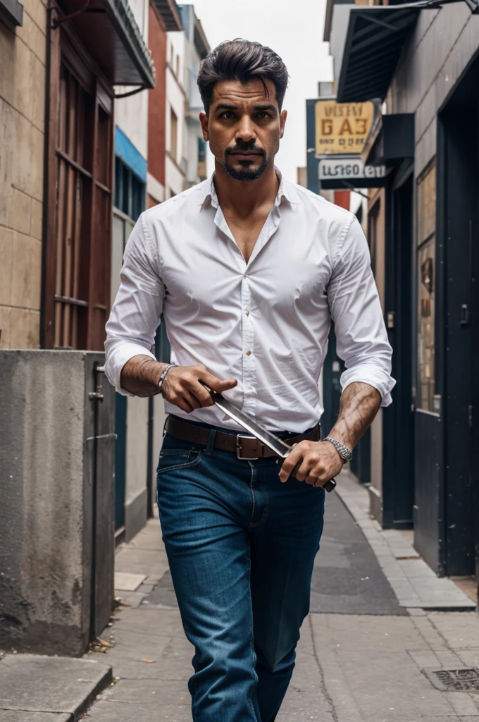 A dangerous man holding knife in his hand and walking on street 