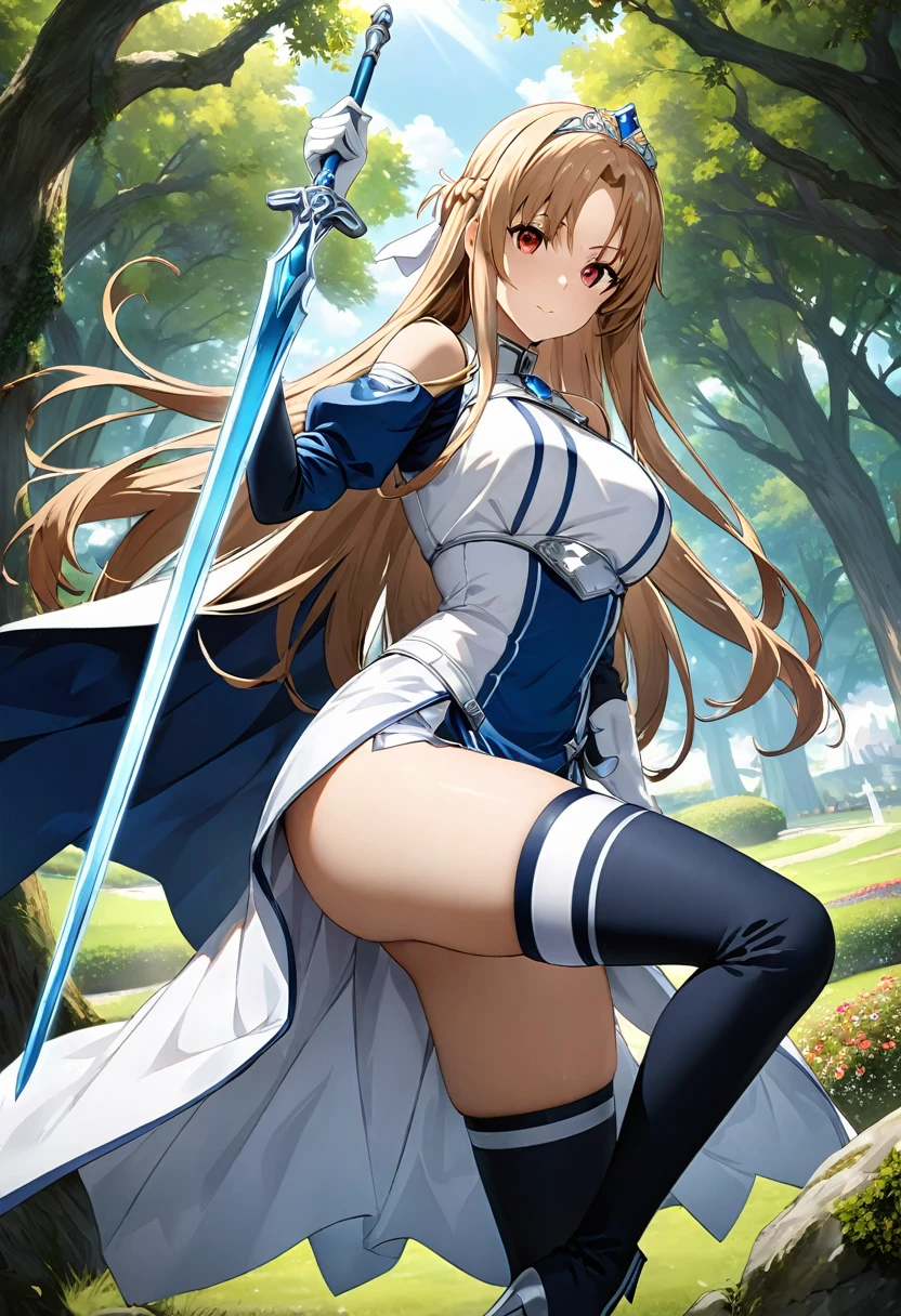 Highest quality、unity 8k wallpaper、32k、masterpiece、Very detailed、Ultra-high resolution、Very detailedな顔, RAW Photos, Professional, Ultra-fine painting、Yuuki Asuna、Brown long straight hair、Platinum tiara with blue gemstones、Blue Nun Cape、Red eyes、(Tree Eyes), Cool and sharp features, Hime cut, Female magical warrior、white&gold breastplate、Blue and white leotard、(((With side armor and long slits、ブルーとwhiteゴールドで装飾されたロングペンシルスカート)))、Half puff sleeves with shoulder pads、A large white ribbon with a large sapphire on the chest、White and blue long gloves、(((White and blue thigh-high stiletto boots:1.0)))、He has a sword with a glowing blue blade,