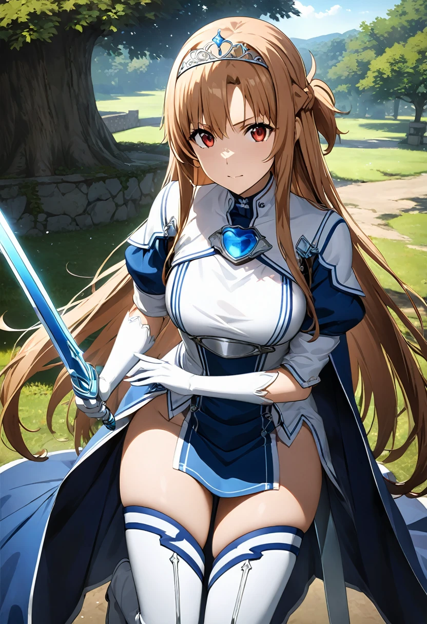 Highest quality、unity 8k wallpaper、32k、masterpiece、Very detailed、Ultra-high resolution、Very detailedな顔, RAW Photos, Professional, Ultra-fine painting、Yuuki Asuna、Brown long straight hair、Platinum tiara with blue gemstones、Blue Nun Cape、Red eyes、(Tree Eyes), Cool and sharp features, Hime cut, Female magical warrior、white&gold breastplate、Blue and white leotard、(((With side armor and long slits、ブルーとwhiteゴールドで装飾されたロングペンシルスカート)))、Half puff sleeves with shoulder pads、A large white ribbon with a large sapphire on the chest、White and blue long gloves、(((White and blue thigh-high stiletto boots:1.0)))、He has a sword with a glowing blue blade,