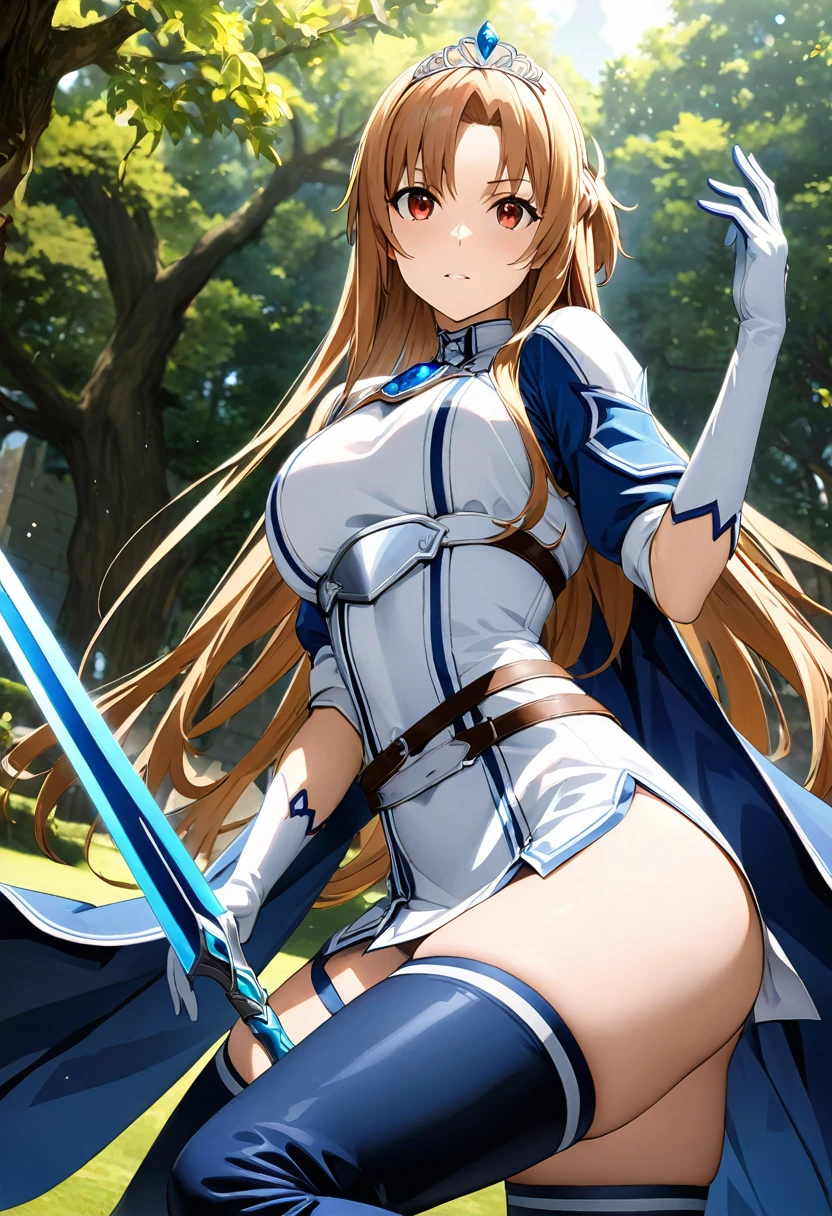 Highest quality、unity 8k wallpaper、32k、masterpiece、Very detailed、Ultra-high resolution、Very detailedな顔, RAW Photos, Professional, Ultra-fine painting、Yuuki Asuna、Brown long straight hair、Platinum tiara with blue gemstones、Blue Nun Cape、Red eyes、(Tree Eyes), Cool and sharp features, Hime cut, Female magical warrior、white&gold breastplate、Blue and white leotard、(((With side armor and long slits、ブルーとwhiteゴールドで装飾されたロングペンシルスカート)))、Half puff sleeves with shoulder pads、A large white ribbon with a large sapphire on the chest、White and blue long gloves、(((White and blue thigh-high stiletto boots:1.0)))、He has a sword with a glowing blue blade,