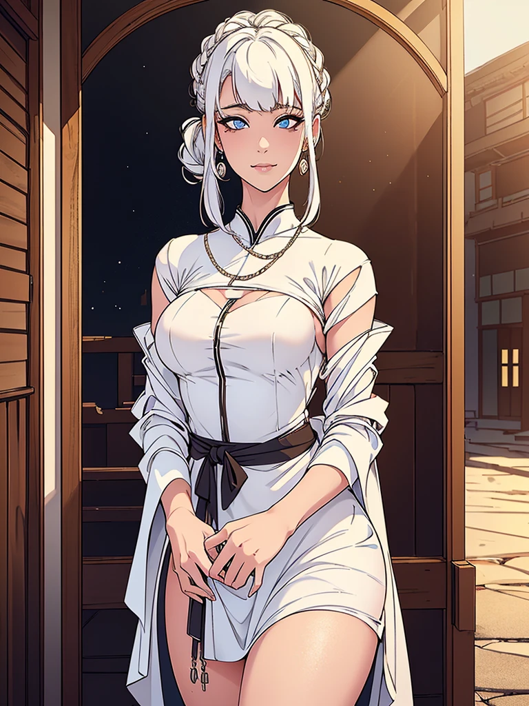 Just one girl,Best quality, 4k, high resolution, body stuck dress, perfect smile, gorgeous, white skin, ahegao face(hentai face) ,light white hair(long sweeping white hair),Ōtsutsuki kaguya, (Otsutsuki kaguya' hairstyle and face), wearing bodystuck dress with long sleeves and red edges, Wearing bodycorn dress, clothes are stuck in body, bodyfit outfit,1 girl, solo, seductive look, elegance and charm, (masterpiece, best quality, high resolution), looking at the viewer, standing, (intricate and beautiful:1.2), (detailed light:1.2), (soft light, side light), (high resolution textures) , holding leash in hand(chain leash), outdoor, Burmese girl, wearing gorgeous jewelary, wearing harness over the outfit ,outdoor background, sun light, attractive, sexy, mature and hot, young,(masterpiece:1.3), (disorganized:1.3), (highest quality:1.3), perfect anatomy, detailed face, front view, perfect right hands, looking at viewer, (Super detailed:1.3), (best shadow:0.7), (treated hair), fine eyes, beautiful eyes, young aged woman, alone, standing, crystal earrings,closed_mouth, , outdoors,Thick thighs, arrogant face, small 