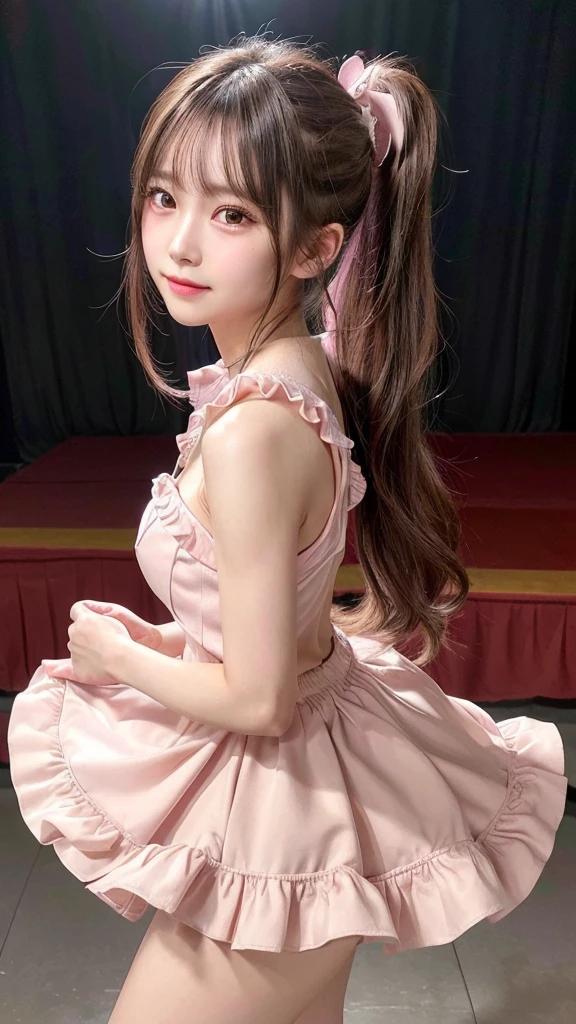 blush,small breasts,14 years old,long hair ponytail,on stage,Are standing,((8K, Raw photo, best quality, muste piece:1.2), (Reality, photorealistic:1.4), (Highly detailed 8K wallpaper), Depth of the bounds written, cinematic lighting, soft light, detailed beauty eye,Shiny and smooth light brown ponytail, asymmetrical bangs, shiny skin, super detailed skin ,high resolution, high detail, detailed hairstyle, detailed beauty face, hyper real, perfect limbs, perfect anatomy ,1 Japanese girl,famous japanese idol, perfect female body,shy smile,short eyelashes,double-edged eyelids,look straight here,Hair style is ponytail、Pink colored long dress with lots of ruffles, softly shaped skirt, standing on stage,pink ribbon on head,She wears a long skirt with lots of frills.,Neat clothes