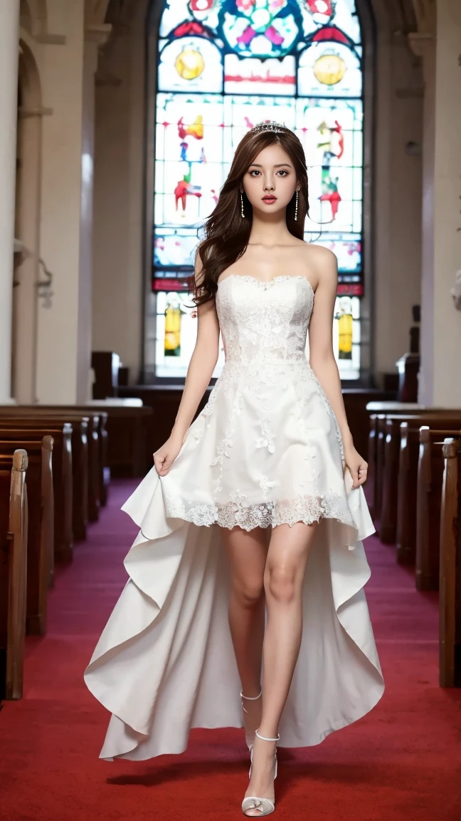 Highest quality,masterpiece,Ultra-high resolution,(Actual:1.4),Original photo,Ultra-high resolution，8K，There are also women，Fair skin、Sheer white lace wedding dress，High heels，Long legs:1.5，Bright and beautiful，high waist，Inside the church，