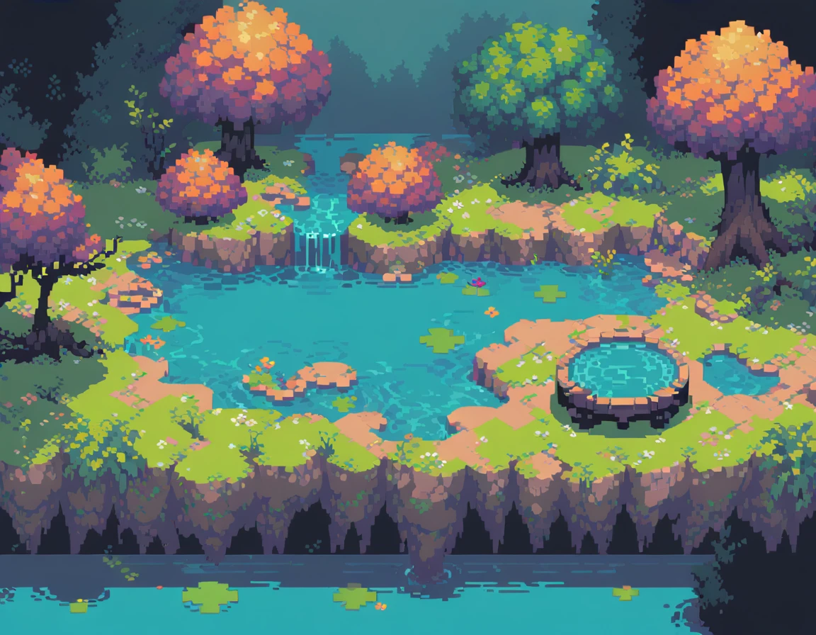Pixel Art,Pixelated,8 bit,Retro game,Vibrant colors,Retro Style,Pixel animation,Low resolution,Dark Style,A pond formed by blood
