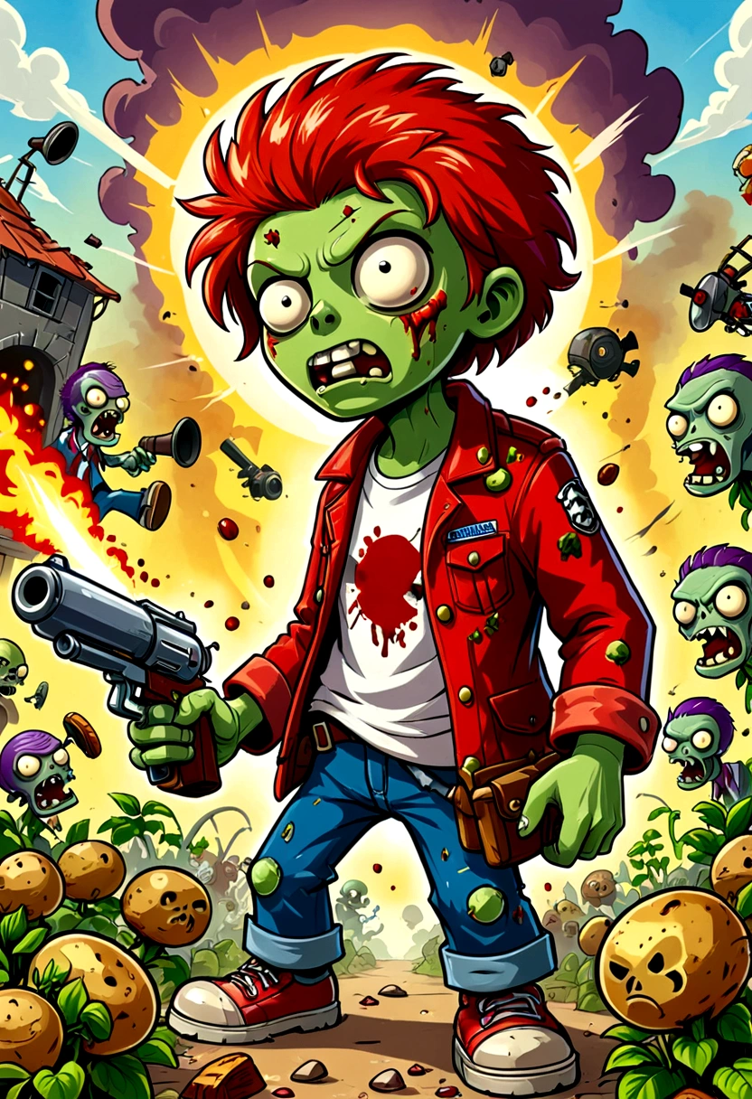 Plants vs. Zombies，Zombies are about to invade，Defense War Game，fear，bloody，Old，Zombies，Violence，Peashooter，Potato Mine Explosion，Ragged clothes，Exaggerated art illustration，