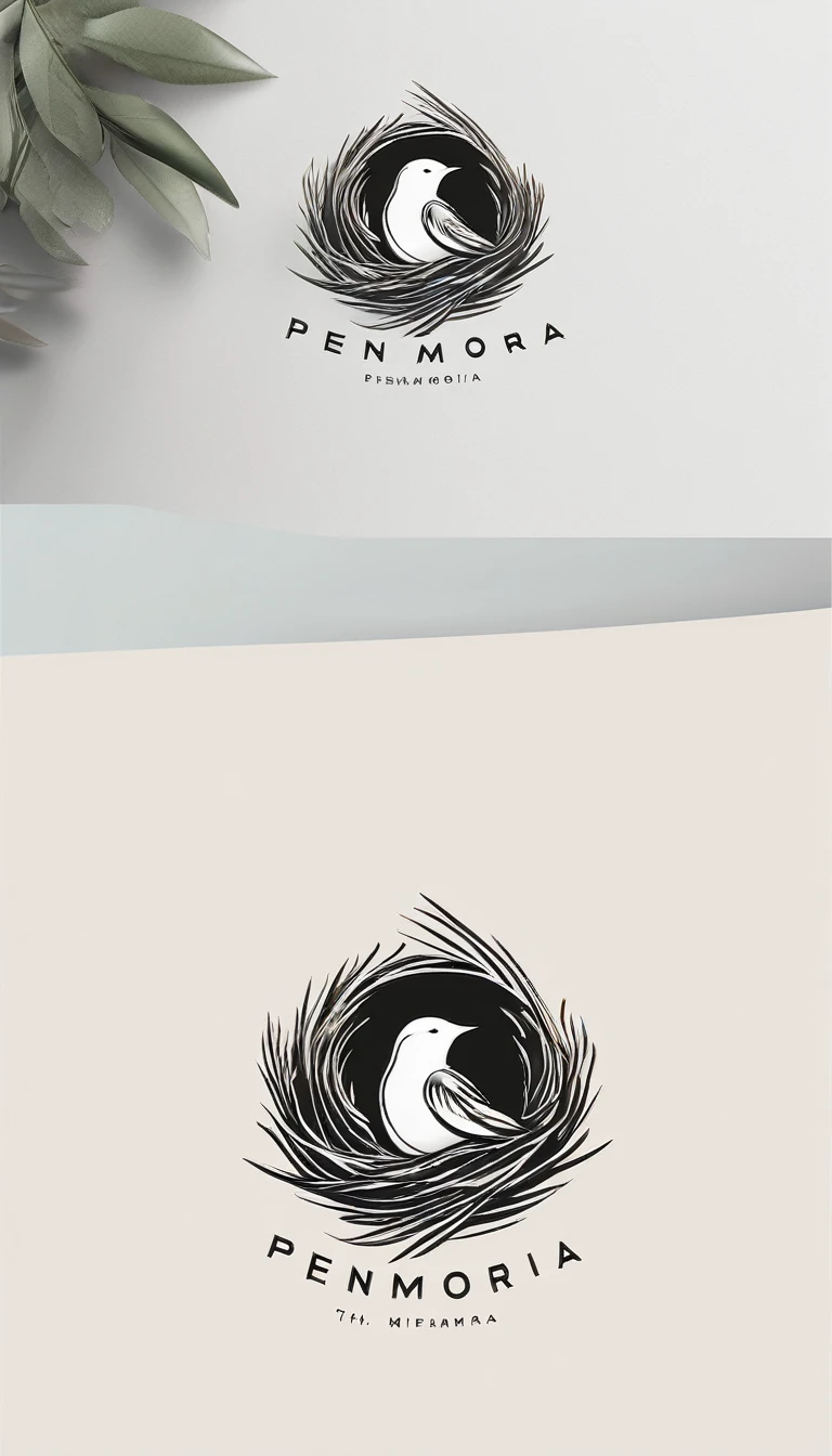 A minimal, modern, simple, cinematic logo design for the brand “Penamemoria". Create a modern, minimalistic, high-quality, logo of a boy inside a nest made of feathers. The logo must be a symbol for dreams, stories, memories, music and imagination.