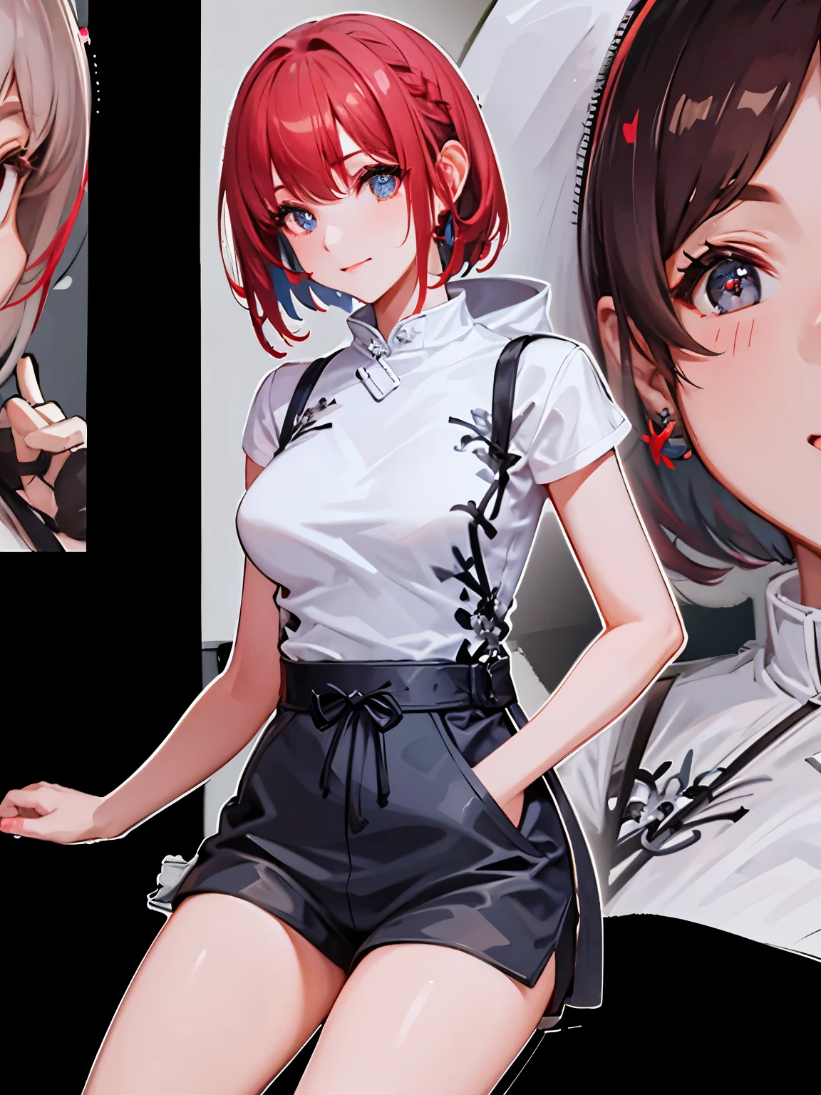 8 k resolution、((highest qualityr))、((Masterpiece))、((ultra-detailed))、1 woman、Alone、incredibly absurd、Oversized hoodies、headphones、street、outdoor、rain at night、Neons、Haircut、bright colored eyes、hands in pockets、Shorts、dripping water、red hairs、Bob Hair