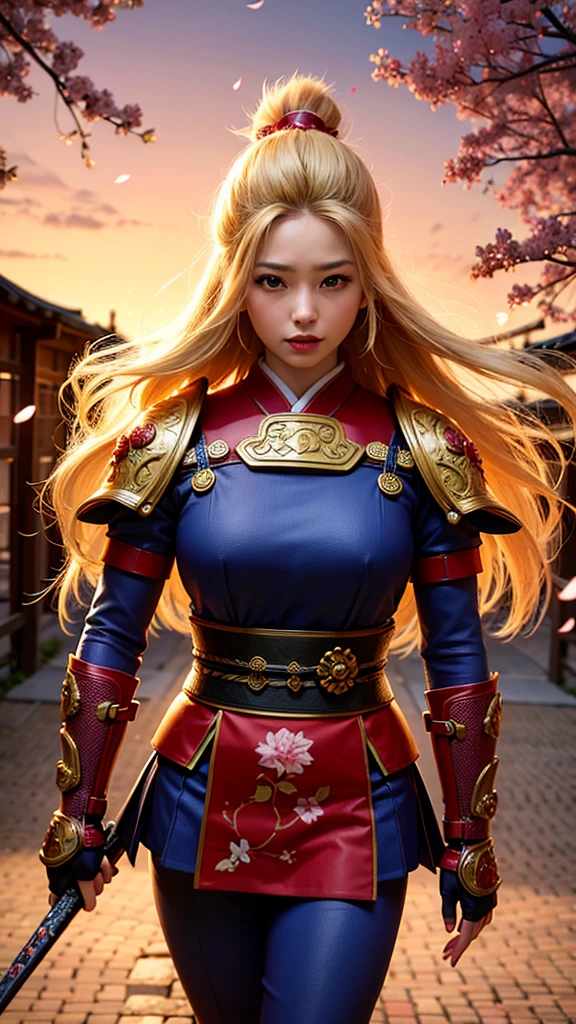 (best quality,4k,8k,highres,masterpiece:1.2), realistic, vivid colors, long blonde hair adorned with many colorful flowers, beautiful detailed eyes, beautiful detailed lips, extremely detailed eyes and face, heavy red armor, samurai girl, strong and confident posture, samurai sword shining in the sunlight, cherry blossom petals floating in the air, vibrant and dynamic background, traditional Japanese art style, strong and dramatic lighting, intense and powerful aura.