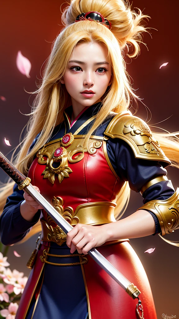 (best quality,4k,8k,highres,masterpiece:1.2), realistic, vivid colors, long blonde hair adorned with many colorful flowers, beautiful detailed eyes, beautiful detailed lips, extremely detailed eyes and face, heavy red armor, samurai girl, strong and confident posture, samurai sword shining in the sunlight, cherry blossom petals floating in the air, vibrant and dynamic background, traditional Japanese art style, strong and dramatic lighting, intense and powerful aura.