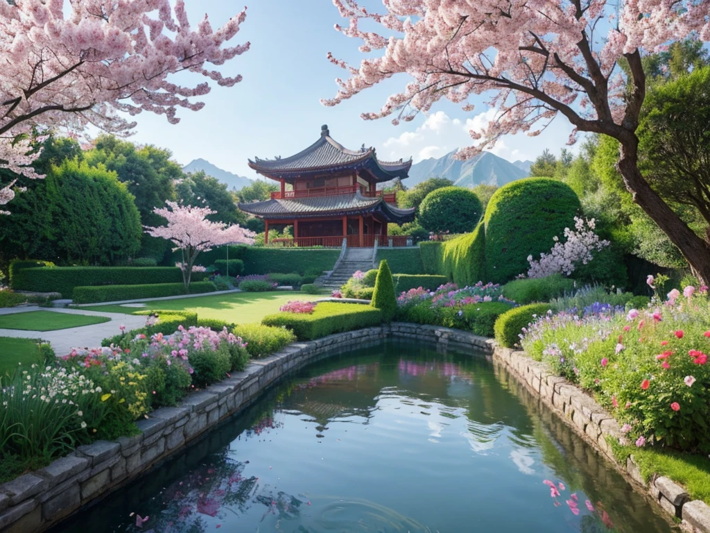 8K HD画质，Realistic scenery， 粉红的Peach BlossomTree林森林重点是很多Peach Blossom风景照8K 画质，Best quality，masterpiece，HD，Super rich detail，detailed，Many Chinese lofts have large courtyards，The yard is full of flowers，It is a rich garden，There are roses in the garden，Moonflower，Jasmine，Peach Blossom，club，apricot，chrysanthemum，Peony，Lavender，Cherry blossoms，Pomegranate flowers, ETC，A wide variety of flowers，All flowers are planted in one garden，There is also river water in the garden，Creek，pond，lake，Lake，Rios，J，Everything in the same picture，Lifelike，The picture is very realistic，Very real，The vegetable garden was neat inside，There are mountains and water in the distance，sky sky，cloud，Tree。Country Road。Industrious people grow flowers，The picture is very warm，HD，The picture is realistic，Strong realism，The focus is on the garden castle as well as the river，Images are colorful，High contrast，There is only one scene，No split screen，Do not crop the image，Keep the picture rich and complete