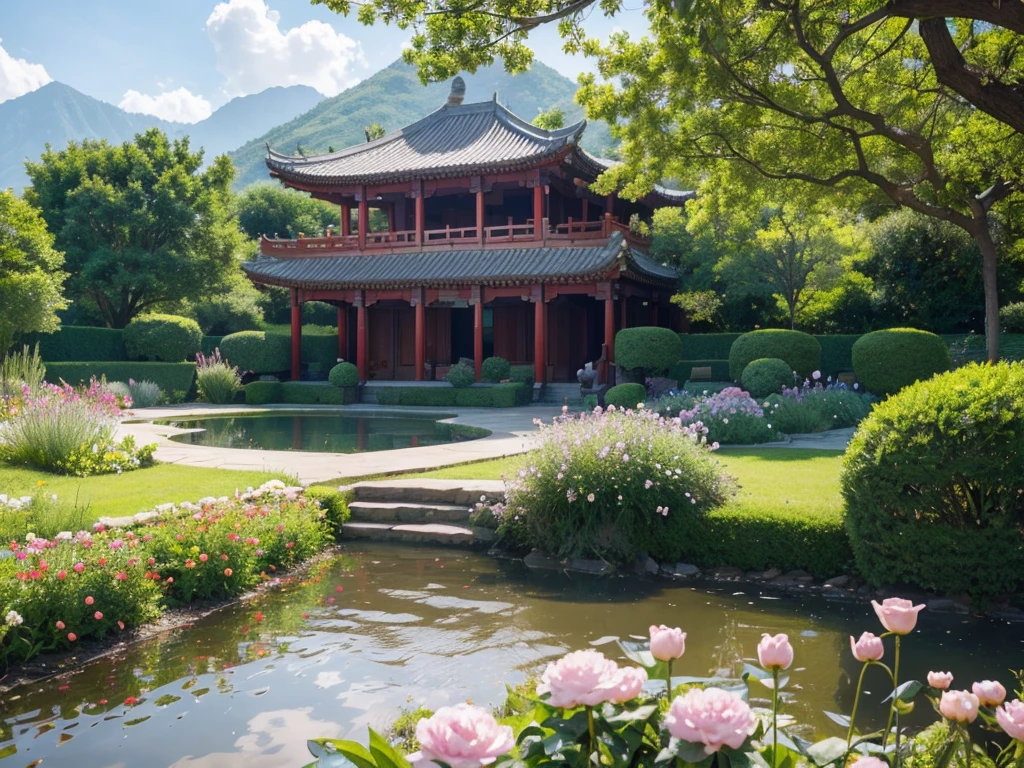 8K HD画质，Realistic scenery， 粉红的Peach BlossomTree林森林重点是很多Peach Blossom风景照8K 画质，Best quality，masterpiece，HD，Super rich detail，detailed，Many Chinese lofts have large courtyards，The yard is full of flowers，It is a rich garden，There are roses in the garden，Moonflower，Jasmine，Peach Blossom，club，apricot，，Peony，Lavender，Cherry blossoms，Pomegranate flowers, ETC，A wide variety of flowers，All flowers are planted in one garden，There is also river water in the garden，Creek，pond，lake，Lake，Rios，J，Everything in the same picture，Lifelike，The picture is very realistic，Very real，The vegetable garden was neat inside，There are mountains and water in the distance，sky sky，cloud，Tree。Country Road。Industrious people grow flowers，The picture is very warm，HD，The picture is realistic，Strong realism，The focus is on the garden castle as well as the river，Images are colorful，High contrast，There is only one scene，No split screen，Do not crop the image，Keep the picture rich and complete