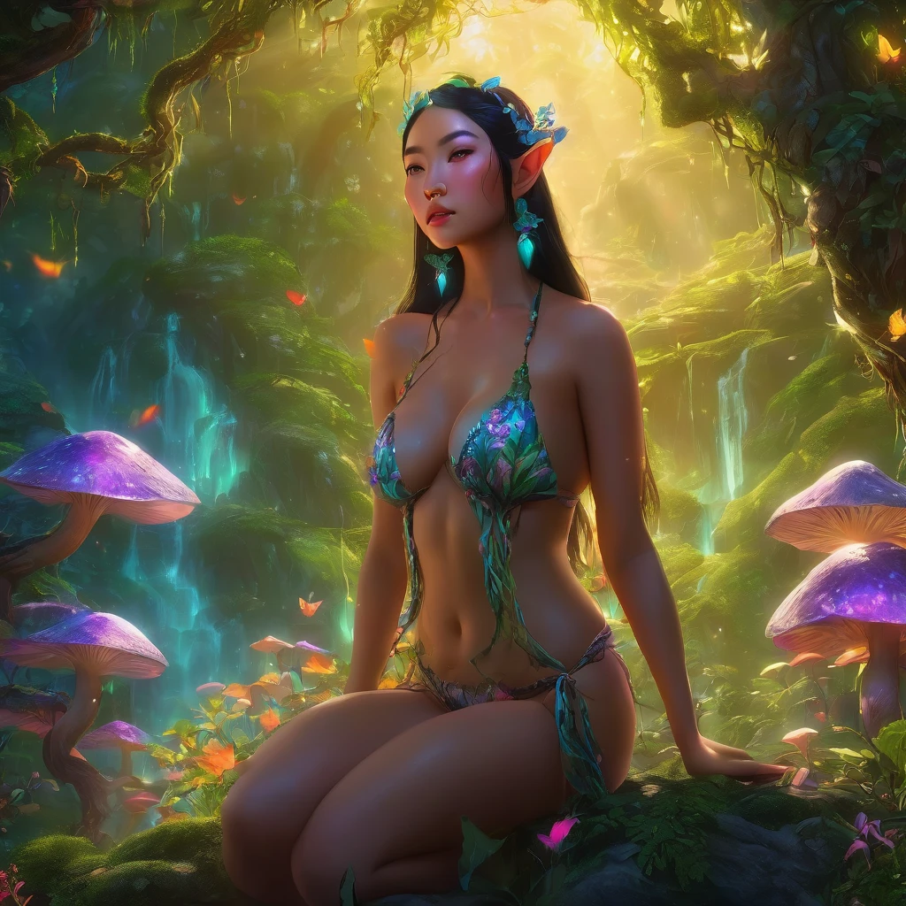 beautiful busty Asian woman elf, detailed face, long eyelashes, plump lips, plant thong bikini, fantasy landscape, detailed foliage, magical vines, glowing mushrooms, ethereal lighting, vibrant colors, cinematic lighting, 8k, high quality, hyper detailed, photorealistic