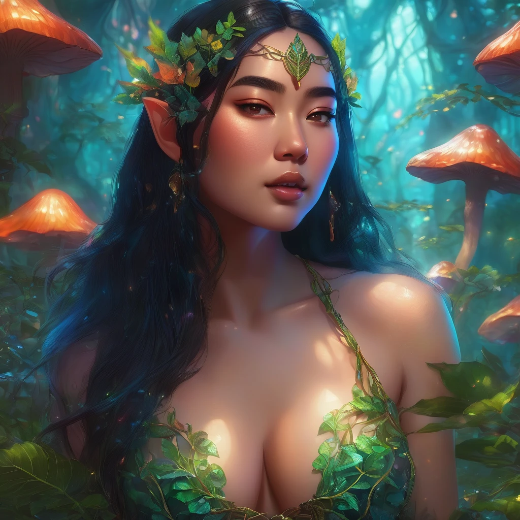 beautiful busty Asian woman elf, detailed face, long eyelashes, plump lips, plant thong bikini, fantasy landscape, detailed foliage, magical vines, glowing mushrooms, ethereal lighting, vibrant colors, cinematic lighting, 8k, high quality, hyper detailed, photorealistic